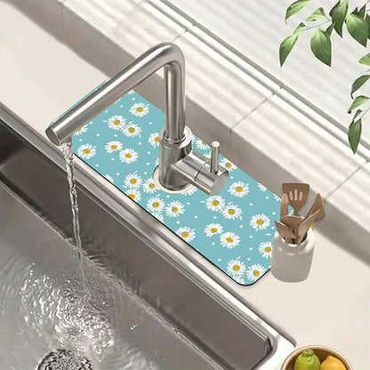 Cute Daisy Sink Faucet Absorbing Mat White Daisies Super Absorbent Fast Drying