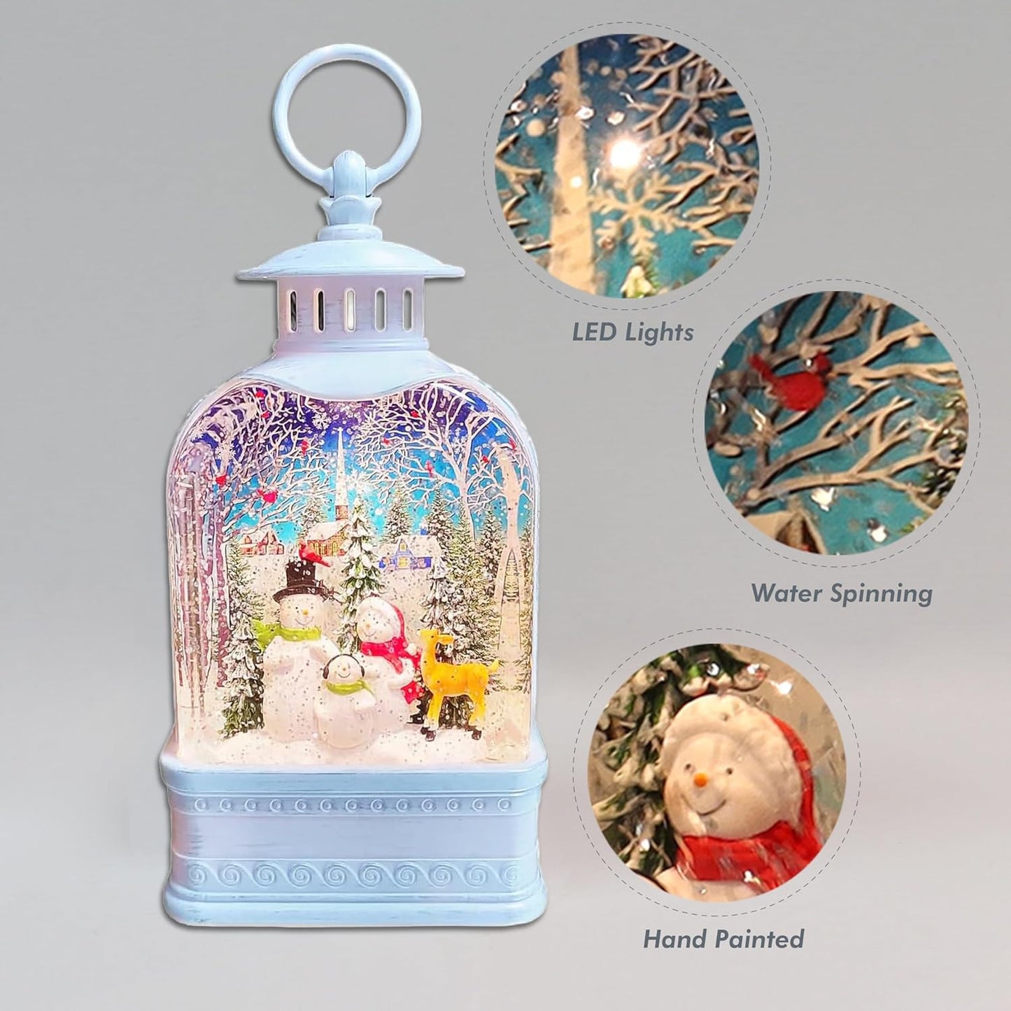 Snow Globe Lighted Snowman Family Lantern 9.5” Acrylic LED Christmas Lantern with Water Glitter Battery Operated Decoration for Tabletop Mantel Moments In Time