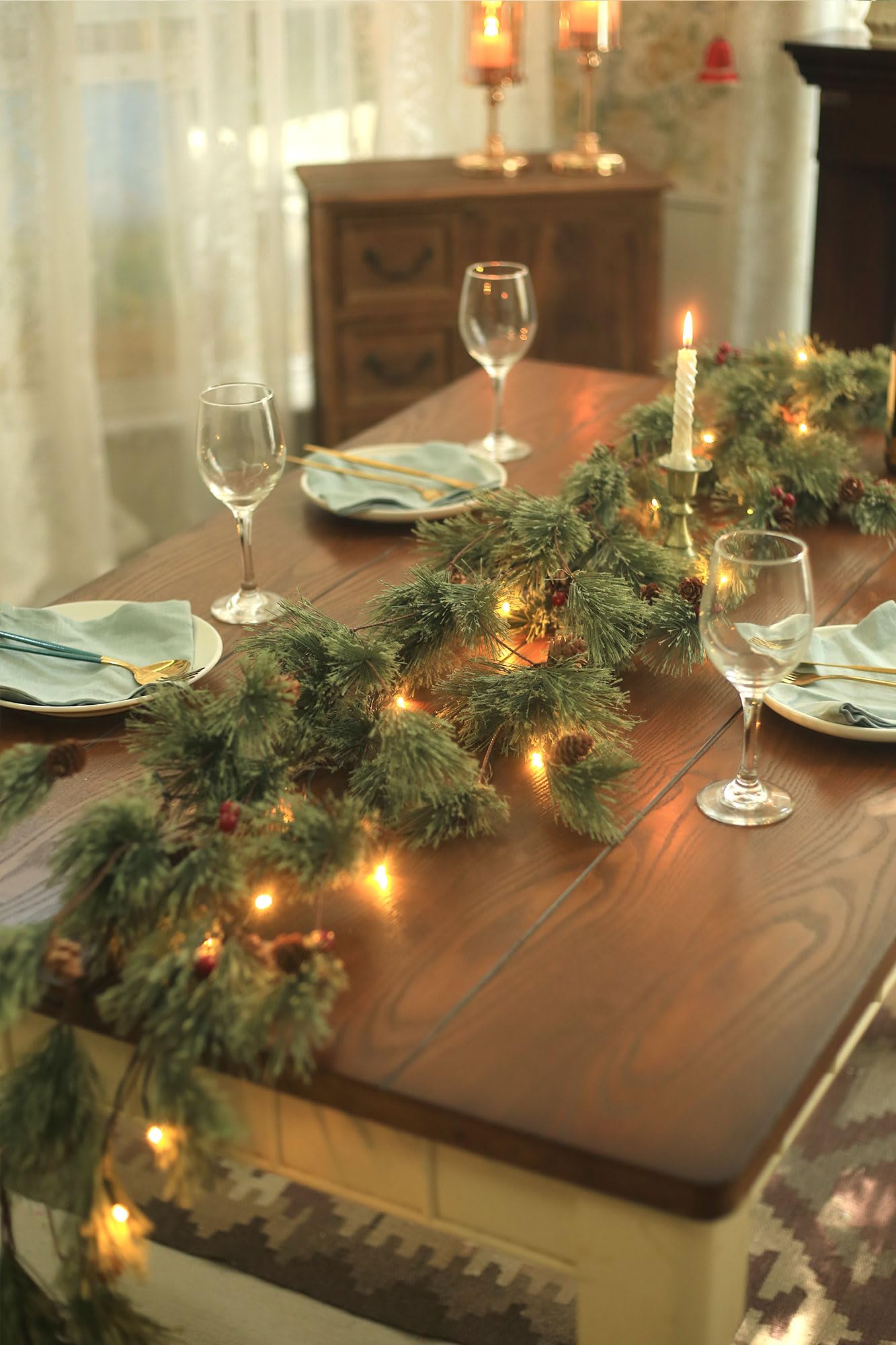 6.4 FT Artificial Cedar Garlands, Real Touch Winter Pine Garland with Red Berries, Green Greenery Garland for Table, Mantle, Wall, Indoor, Outdoor Christmas Decorations