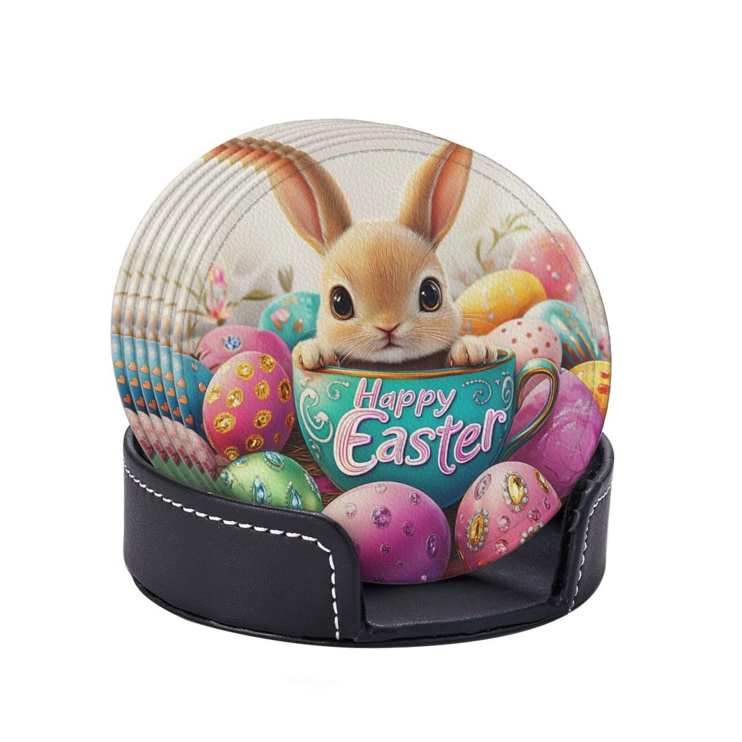 6 Pcs Easter Bunny Coasters for Drinks with Holder Round Leather Coasters Easter Coaster Sets Personalized Drink Coasters Coffee Table Cup Coaster Beer Coasters