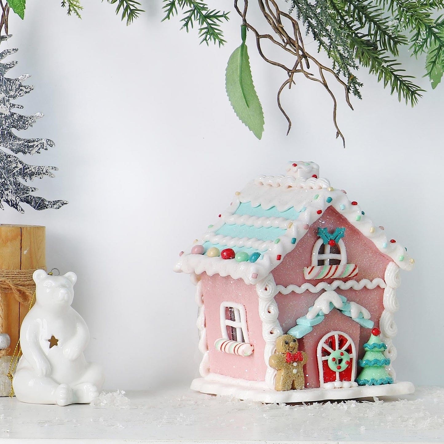 Season 2 Season Christmas Decorations 5.9" LED Gingerbread House Xmas Village Ornaments with Gingerbread Human Cookie and Christmas Pine Tree for Home Decor Holiday Decor