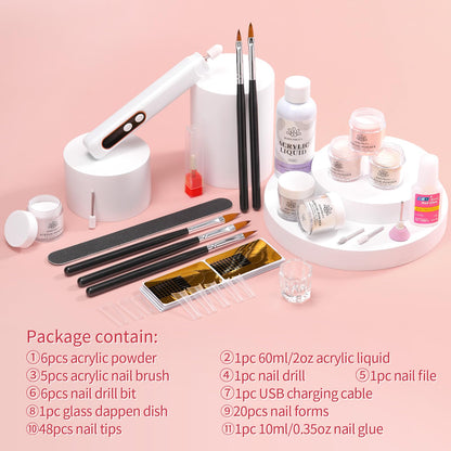 BORN PRETTY Acrylic Nail Kit - Acrylic Powder (Clear, White, Pink) & Liquid Set with Nail Forms, Brush Pen, File & Glass Container - Beginner Friendly