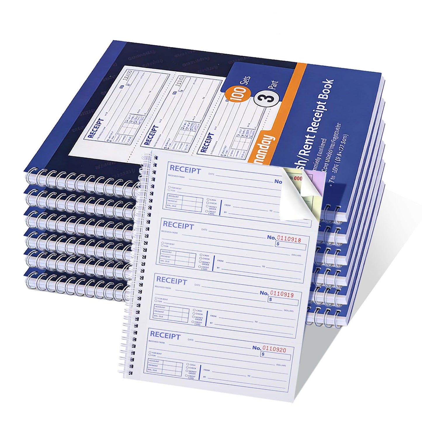 6 Pack Large Money and Rent Receipt Books with Cardboard Insert,7-5/8" x 10-7/8" Spiral Bound,3 Part Carbonless,100 Sets per Book,4 Receipts Per Page for Rent and Cash Transaction