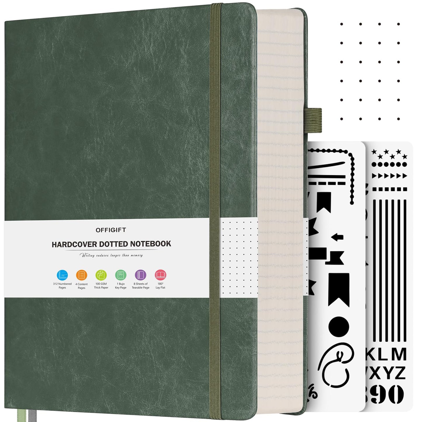 OFFIGIFT Dotted Journal Notebook, 312 Numbered Pages Large B5 Hardcover Leather Notebook, 100gsm No Bleed Paper Dot Grid Notebook with Index Pages, Dot Journal for Women Men, 7.6'' X 10'', Green