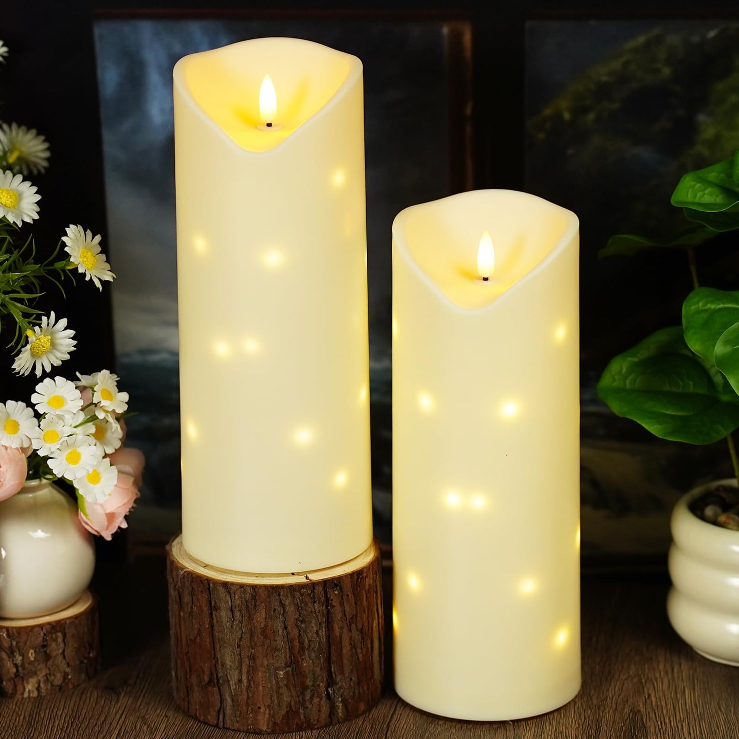 4" x10" Outdoor Flameless Candles Waterproof, Battery Operated LED Candles with Remote Control and Timer，Internal string lights，Ivory , Set of 2，Suitable for home decoration and holiday decoration