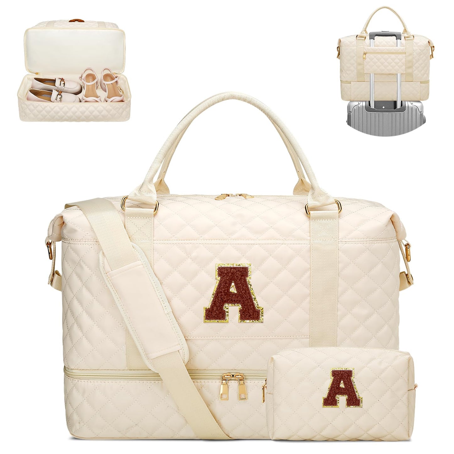 Gifts for Women Initial Travel Duffle Bag Quilted Weekender Bags Carry-On Overnight with Cosmetic Bag, Gym Bag with Shoe Compartment Hospital Bag for Women Labor Delivery, Beige-A