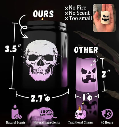 Halloween Decor Indoor-Halloween Gifts Candles with LED Skull Face, Leather Candle for Men Over 40 Hours of Burn Time, Gift for Husband, Friends, Home Decorations Indoor, 100% Soy Wax