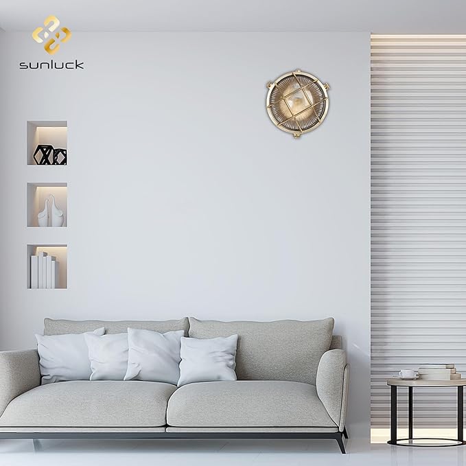 Sunluck Brass Bulkhead Light Grid Round Nautical Wall Lampshade,Ceiling Mount,Sauna Light Waterproof IP54,Rust Resistant,Decoration Cafe,Bar,Porches,Patios,Restaurants