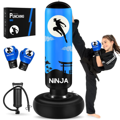 Esnowlee Punching Bag for Kids,66" Larger Kids Boxing Bag with Gloves, Ninja Inflatable Punching Bag for Boxing,Karate,Gifts for Boys Age 5-12