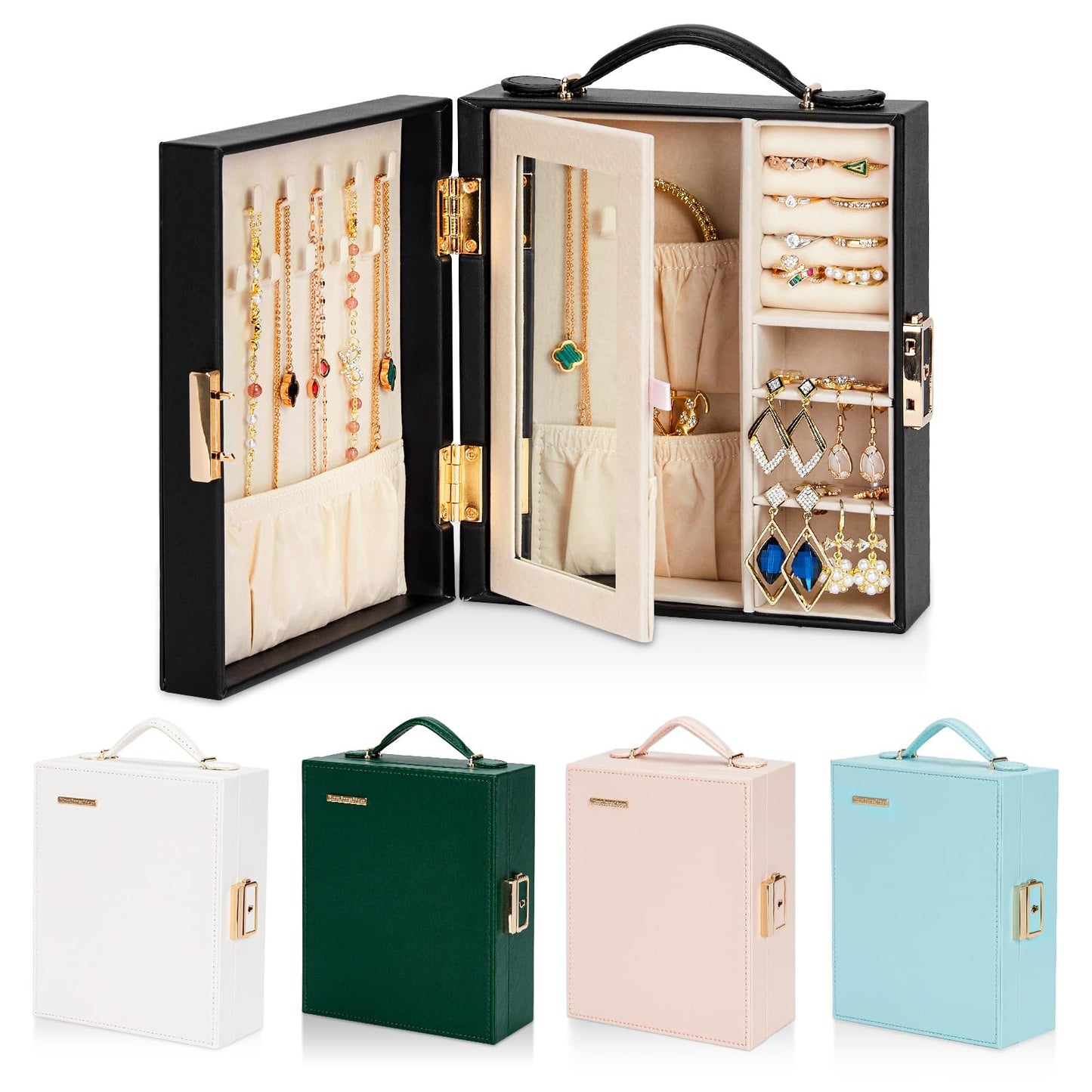 Enthralite Large Travel Jewelry Case: Portable Jewelry Box with Mirror - PU Leather Small Jewelry Organizer for Rings Earrings Necklaces Bracelets - Birthday Gift for Her - Jewelry Storage