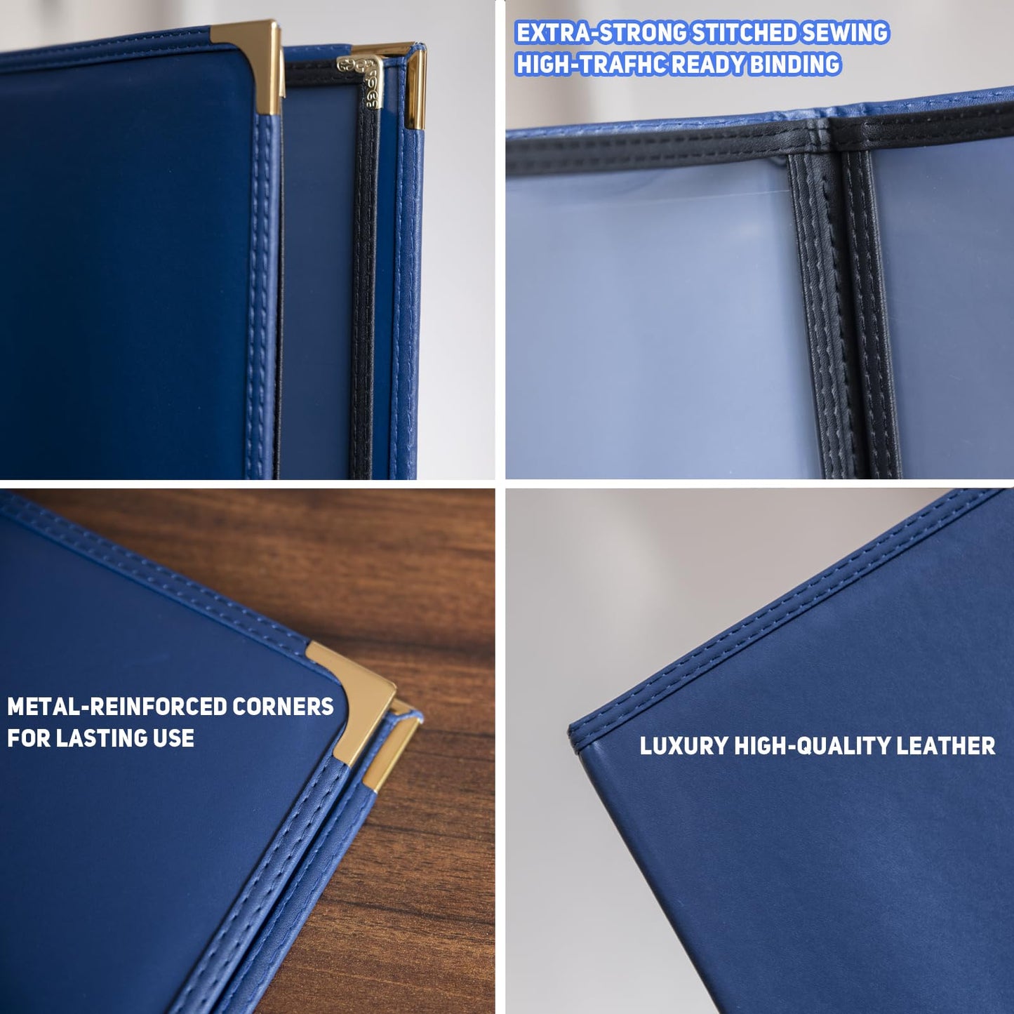 2-Pack Menu Covers 8.5x11 Inch, Navy Blue Leather Menu Holder for Restaurant Hotel, 2 Pages 4 Views Menu Book for Wine List, Dinner, Banquet & Catering