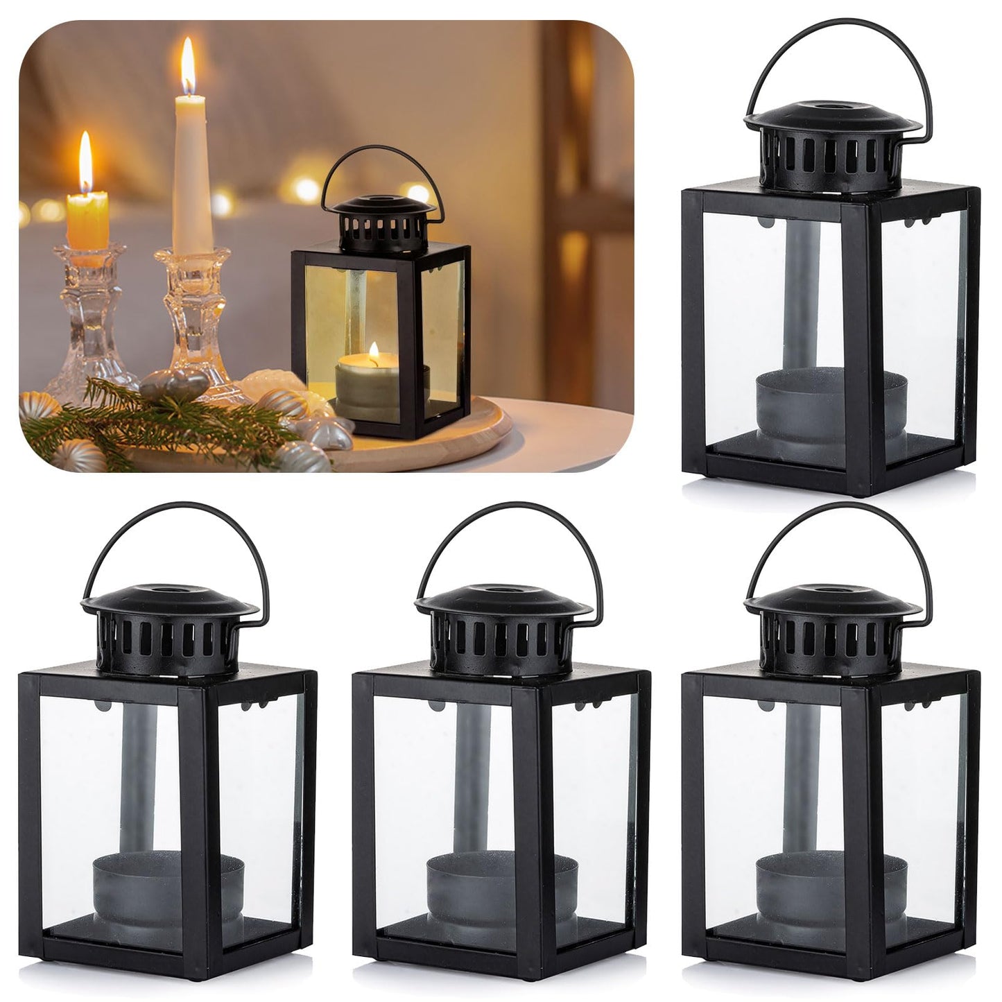 Small Candle Lanterns Decorative Outdoor: 4 Pcs Black Hanging Tea Lights Candle Holder for Table Centerpiece Fireplace Wedding Christmas 3.9" Glass Farmhouse Decor