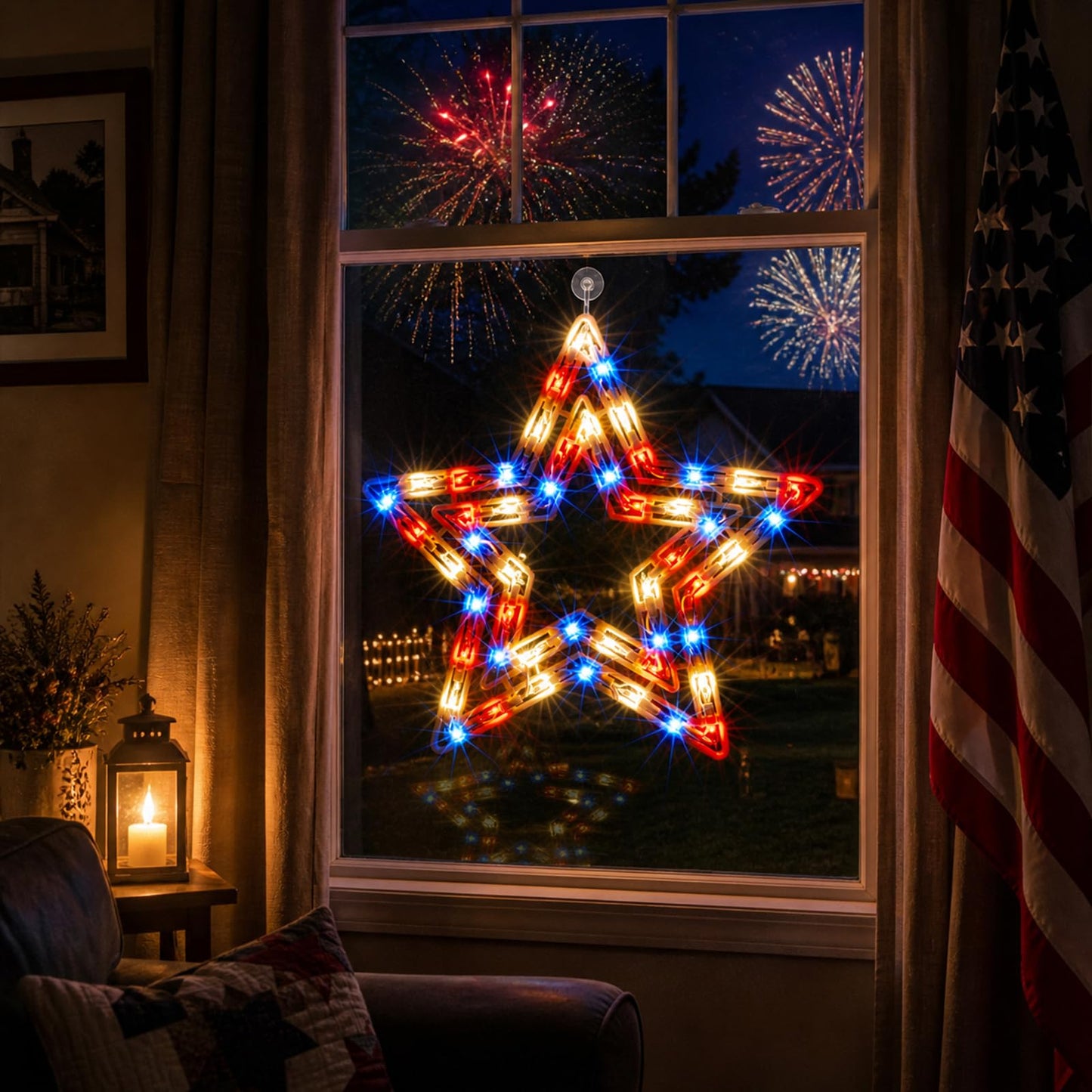 GLOWNOVA 50 Lights Lighted Red White and Blue 4th of July Star Window Silhouette Decoration