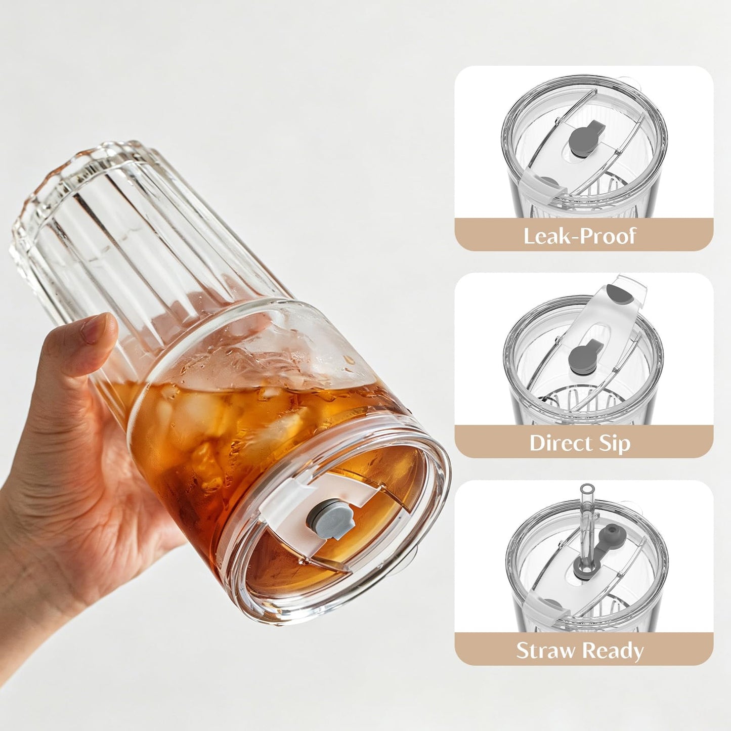 INSETLAN 20 oz Clear Glass Tumbler Set with Lids and Straws – 4-Pack Iced Coffee Cups with Glass Straws & Brushes, Reusable Drinking Glasses for Smoothies, Tea, Juice, Beer, Cold Beverages
