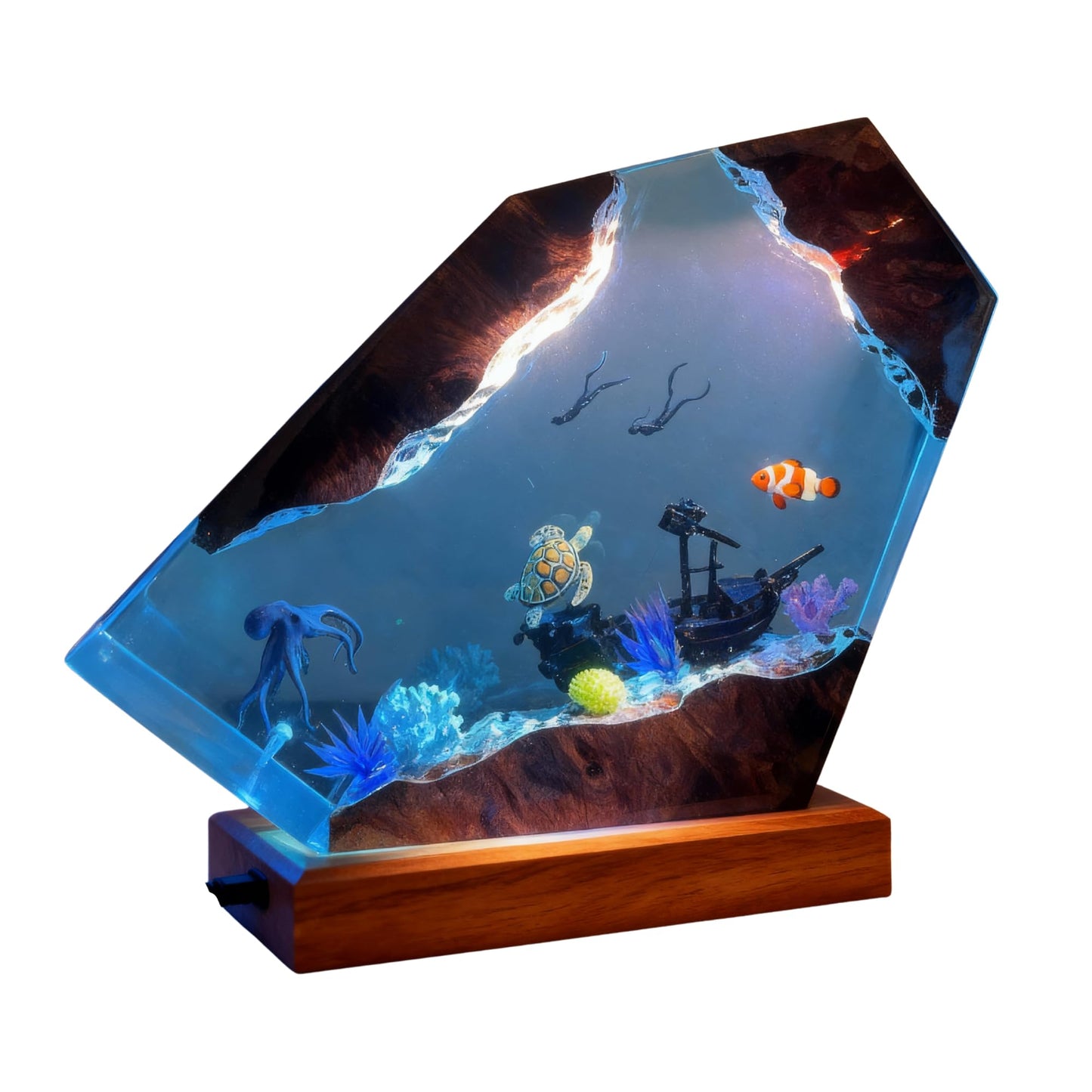 Ocean Resin Lamp – Marine Life Night Light with 16 Color LED, USB Powered Whale Shark & Turtle Desk Lamp with Wooden Base & Remote,Handmade Gift for Christmas, New Year