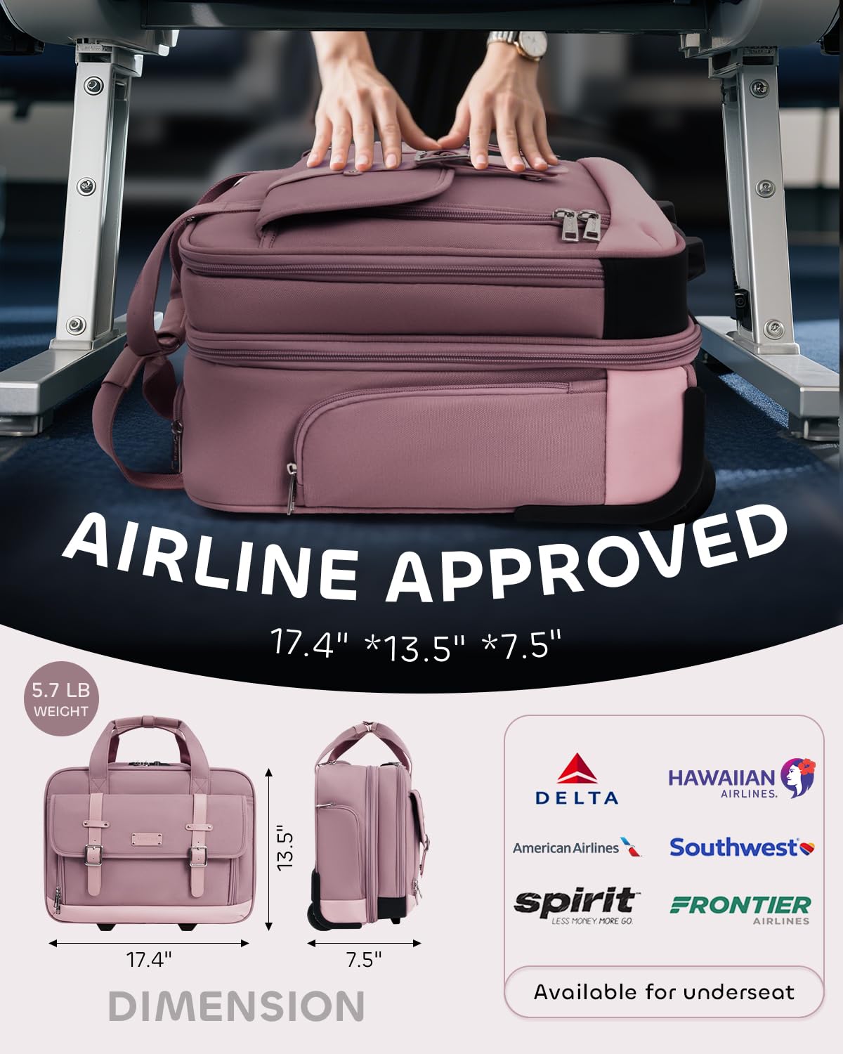 AUROTIER Rolling Laptop Bag Women, Rolling Briefcase for Women with Dual Lock, 16 Inch Computer Bag with Wheels, Roller Underseat Carry On Luggage Personal Item Suitcase for Work Travel Business