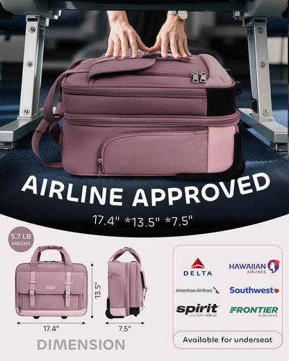 AUROTIER Rolling Laptop Bag Women, Rolling Briefcase for Women with Dual Lock, 16 Inch Computer Bag with Wheels, Roller Underseat Carry On Luggage Personal Item Suitcase for Work Travel Business