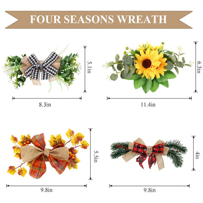 Interchangeable Seasonal Welcome Sign Front Door Decoration with 4 Seasonal Wreaths and LED Light, Rustic Round Wood Wreaths Wall Hanging Outdoor, Farmhouse Front Door Decoration Home Décor