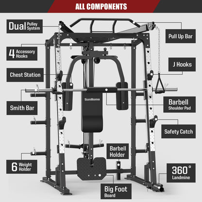 SunHome Smith Machine, Power Cage Squat Rack with Smith Bar, LAT Pull-Down Systems, Cable Crossover Machine and Cable Attachment for Home Gym