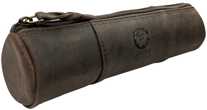 Leather Pencil Case - Full Grain Leather Zippered Pen Pouch - Stationery Bag Pen Holder for Work & Office, Walnut, M, Professional Pencil Case