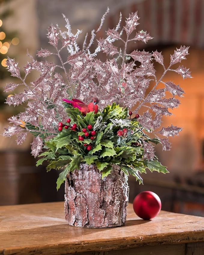 DILATATA 6Pcs Christmas Glitter Leaves Holly Leaves 23" Artificial Rose Gold Holly Leaf Picks Sprays Giltter Stems for Christmas Tree DIY Xmas Wreath Garland Home Decor - Rose Gold