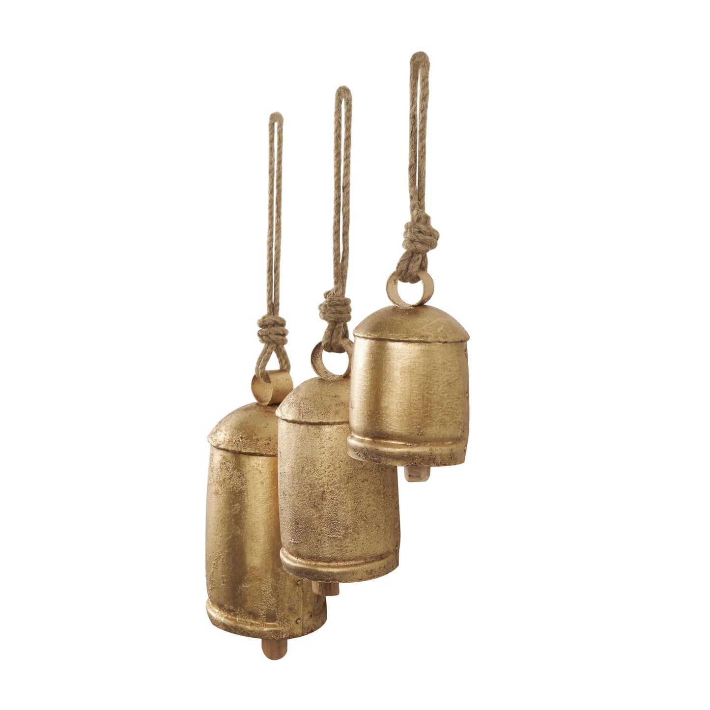Deco 79 Metal Tibetan Inspired Decorative Cow Bells with Jute Hanging Rope, Set of 3 10", 7", 5"H, Gold