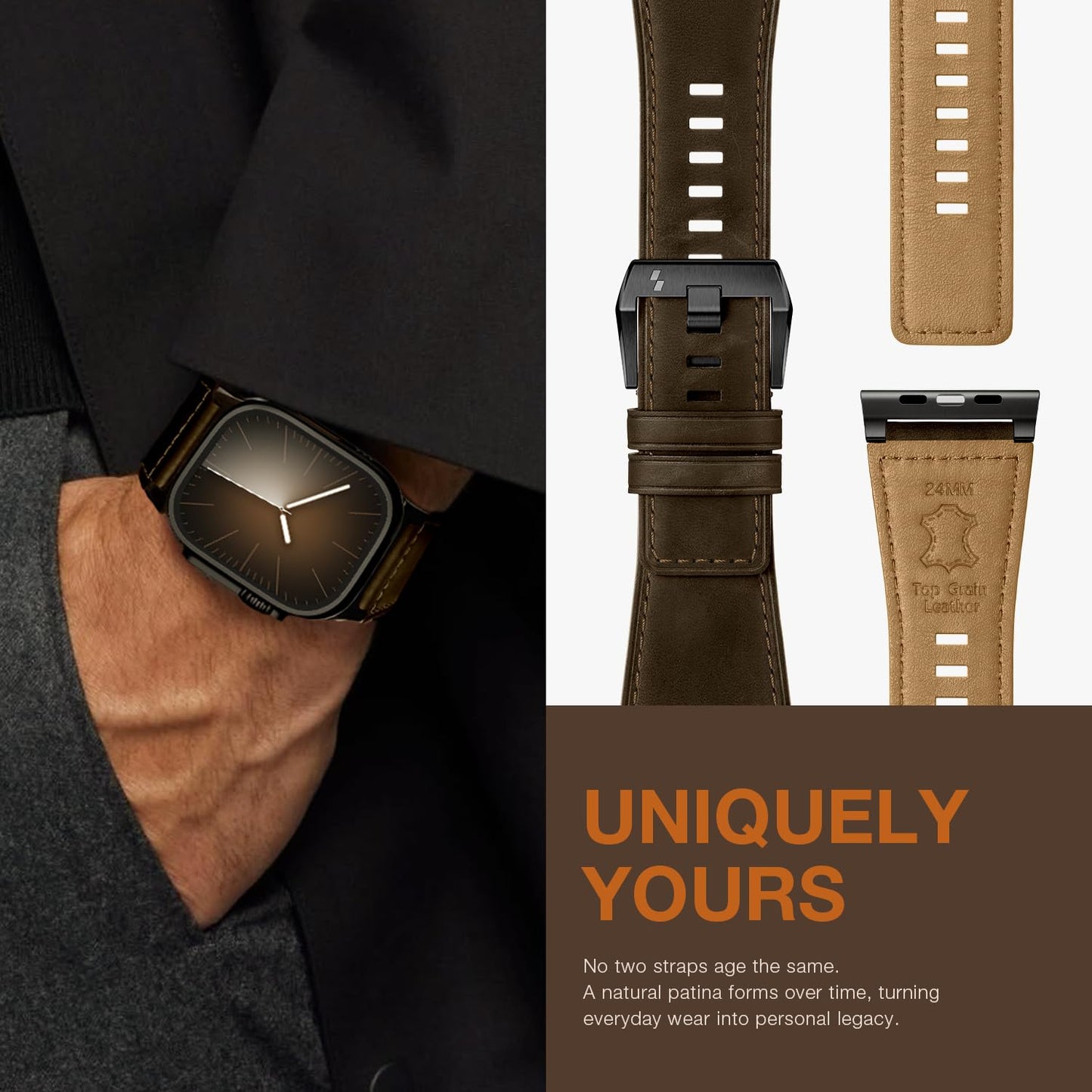 Suitisbest Leather Bands Compatible for Apple Watch Ultra Band 49mm 46mm 45mm 44mm 42mm, Genuine Calfskin Leather Replacement Strap Fits Men iWatch Series 11 10 9 8 7 6 5 4 3, SE 3 2 1, Ultra 3 2 1