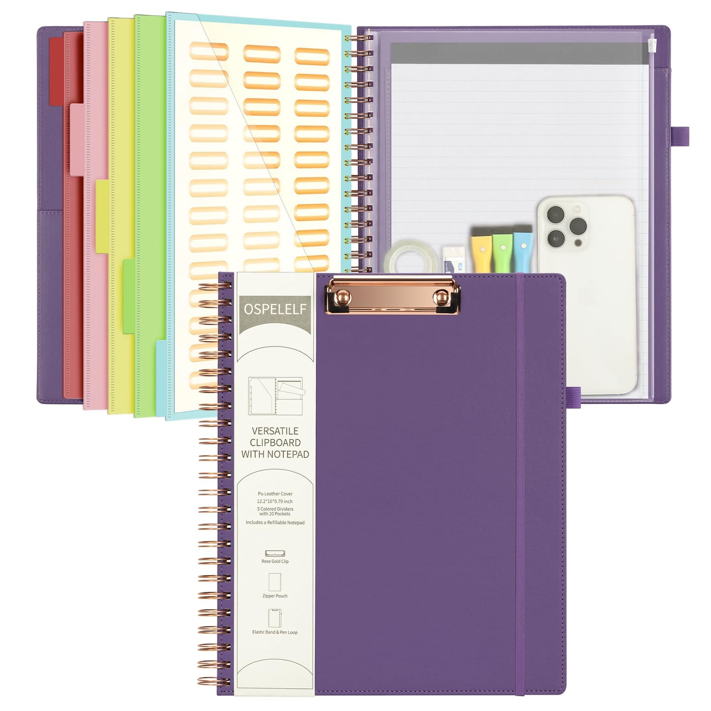 Ospelelf Leather Spiral Clipboard Folder with Storage Zipper Pouch, Foldable Clipboard Folio with Notepad for Letter Size, 5 Folders with 10 Pockets, 39 Divider Label Stickers (Purple)