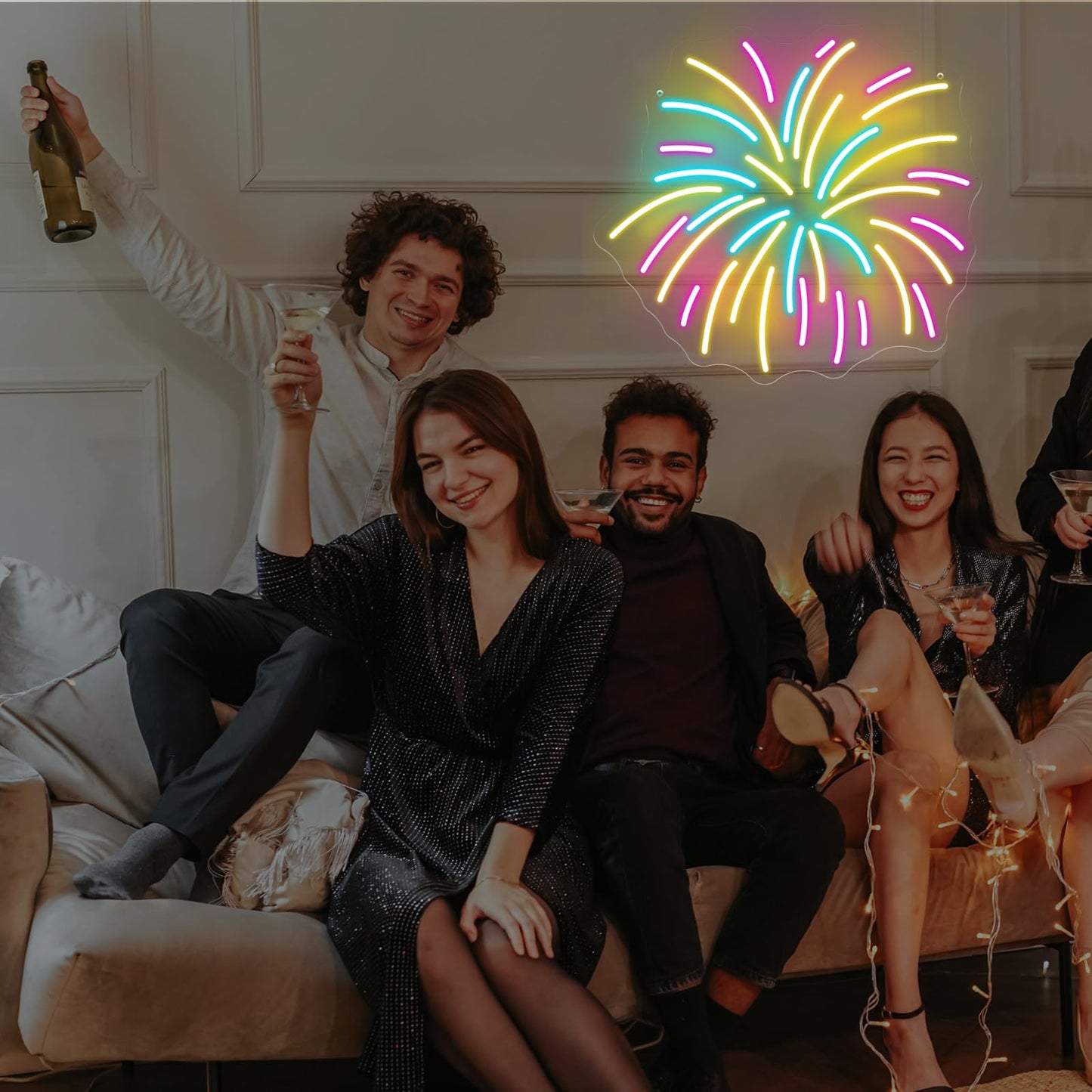 Fireworks Neon Sign 13.8x12.8in LED Wall Light USB Powered Decorative Sign for New Year Party Holiday Celebration Bedroom Living Room Wedding Party Decor