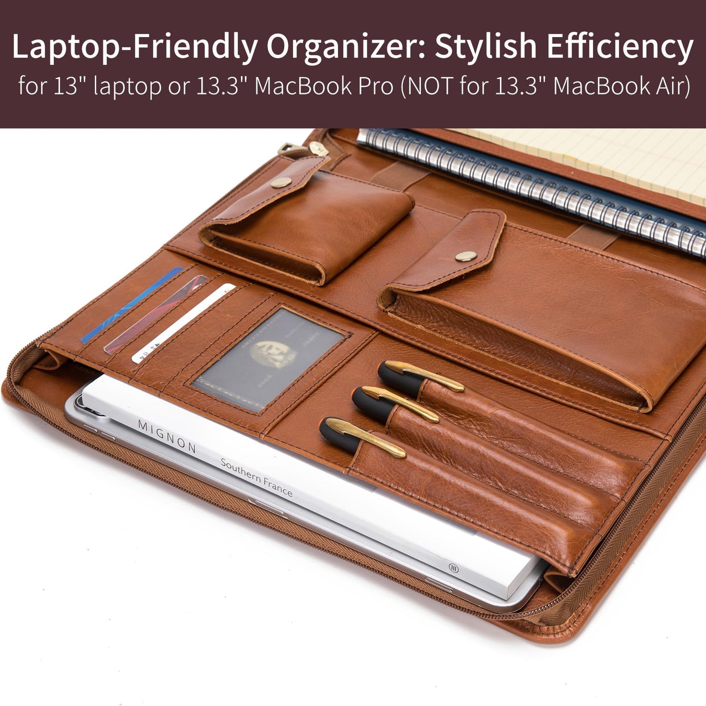 Geslun Genuine Leather Portfolio with Hidden Handle, Zippered Front Pocket, Business Padfolio for Men and Women, 8.5 x 11 Legal Pad Notebook Holder, Office Letter Notepad Folio, Oil Tanned