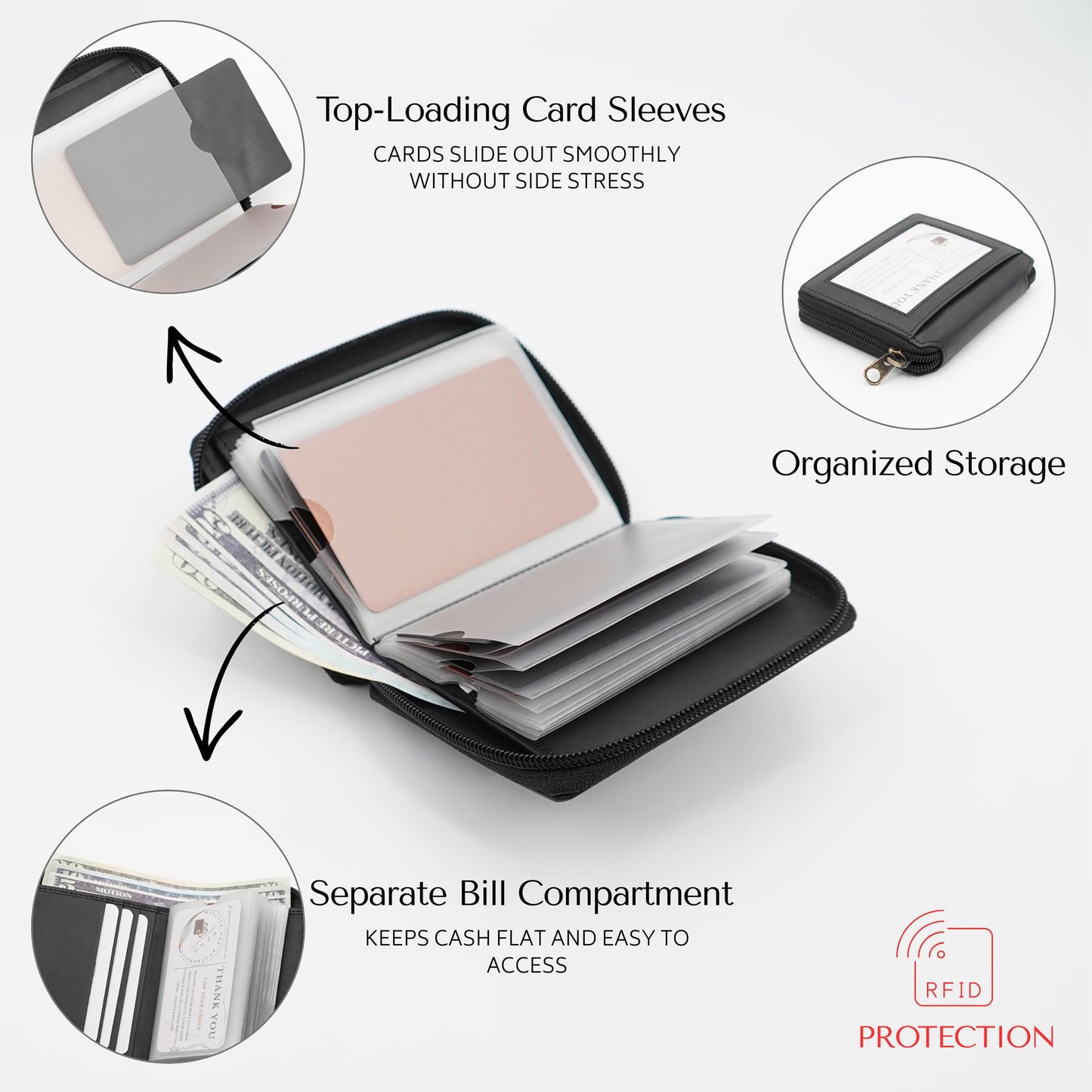Zip Around Leather Card Wallet with Inserts - RFID Blocking Credit Card Organizer with 20 Sleeves, Top-Loading Card Access, ID Window & Bill Compartment - Genuine Cow Leather (Black)