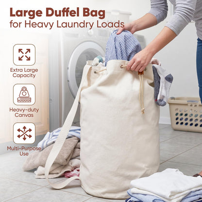 Handy Laundry Canvas Duffel Bag - Drawstring, Leather Closure, Shoulder Strap. (2-PACK)