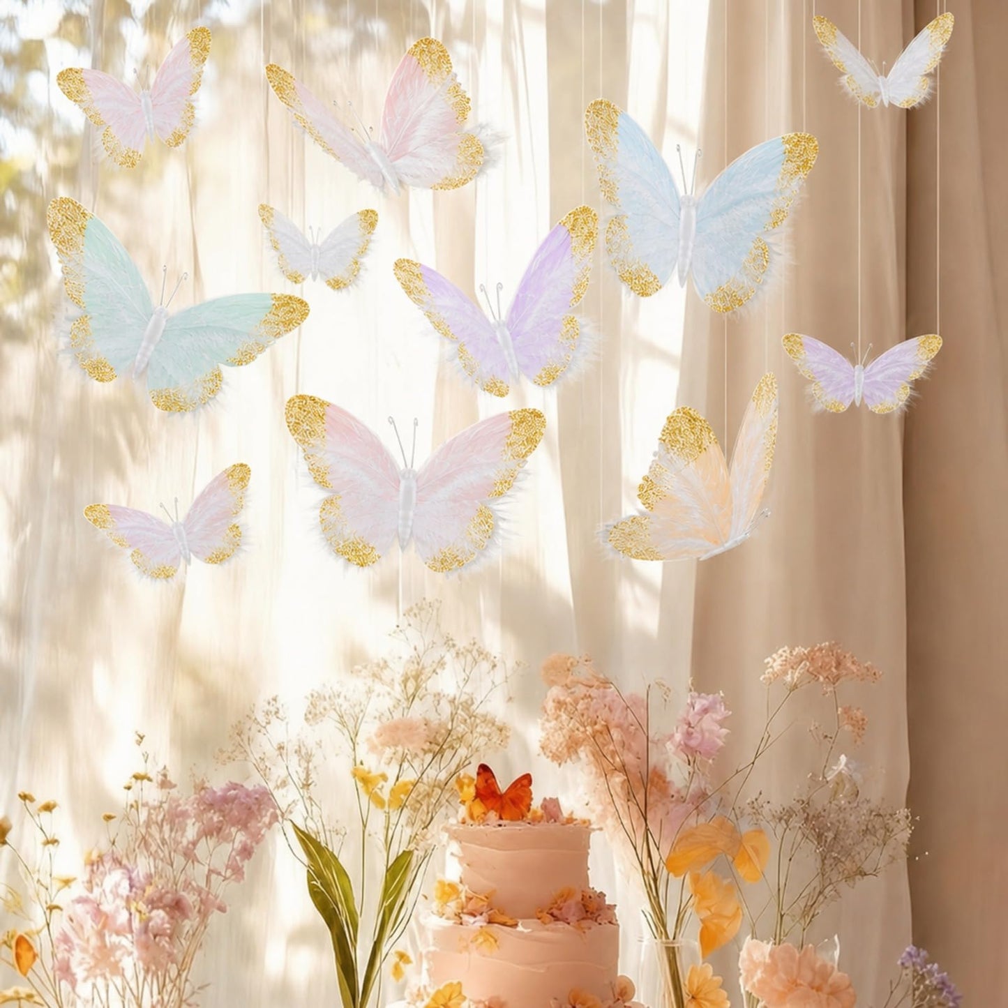 Ferrochef 24 Pcs Pastel Feather 3D Butterfly Wall Stickers Glitter Butterfly Wall Art Mural Stickers Removable Decals Decor for Wedding Party Birtyday Flower Bouquet Nursery Bedroom Cake Home Decor