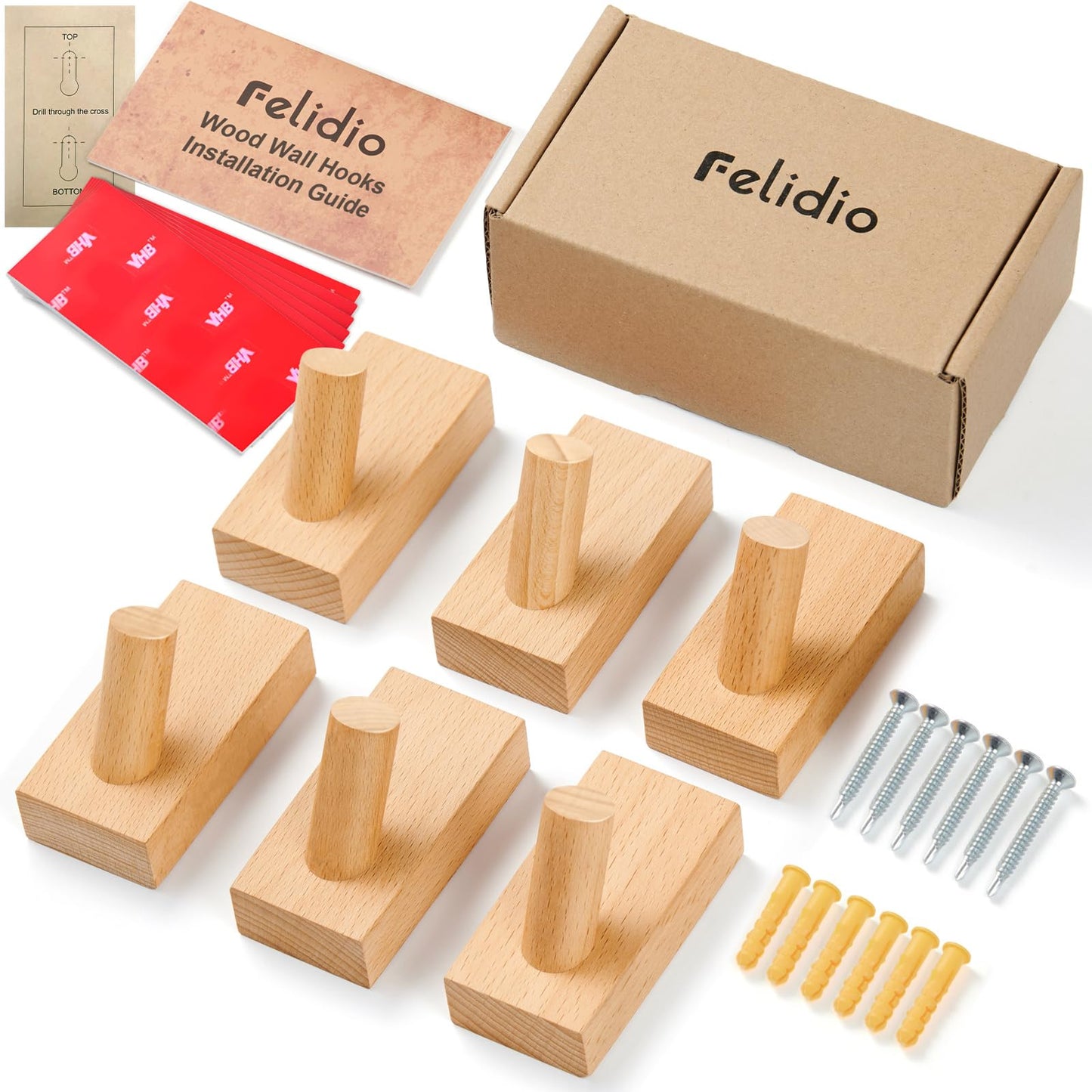 Felidio Natural Wooden Wall Hooks, Adhesive & Screw Mount Coat and Towel Hooks - Decorative Key Holder, Hat Rack, Stocking Wall Hangers for Bathroom Entryway Closet - 6 Pack, Beech Wood