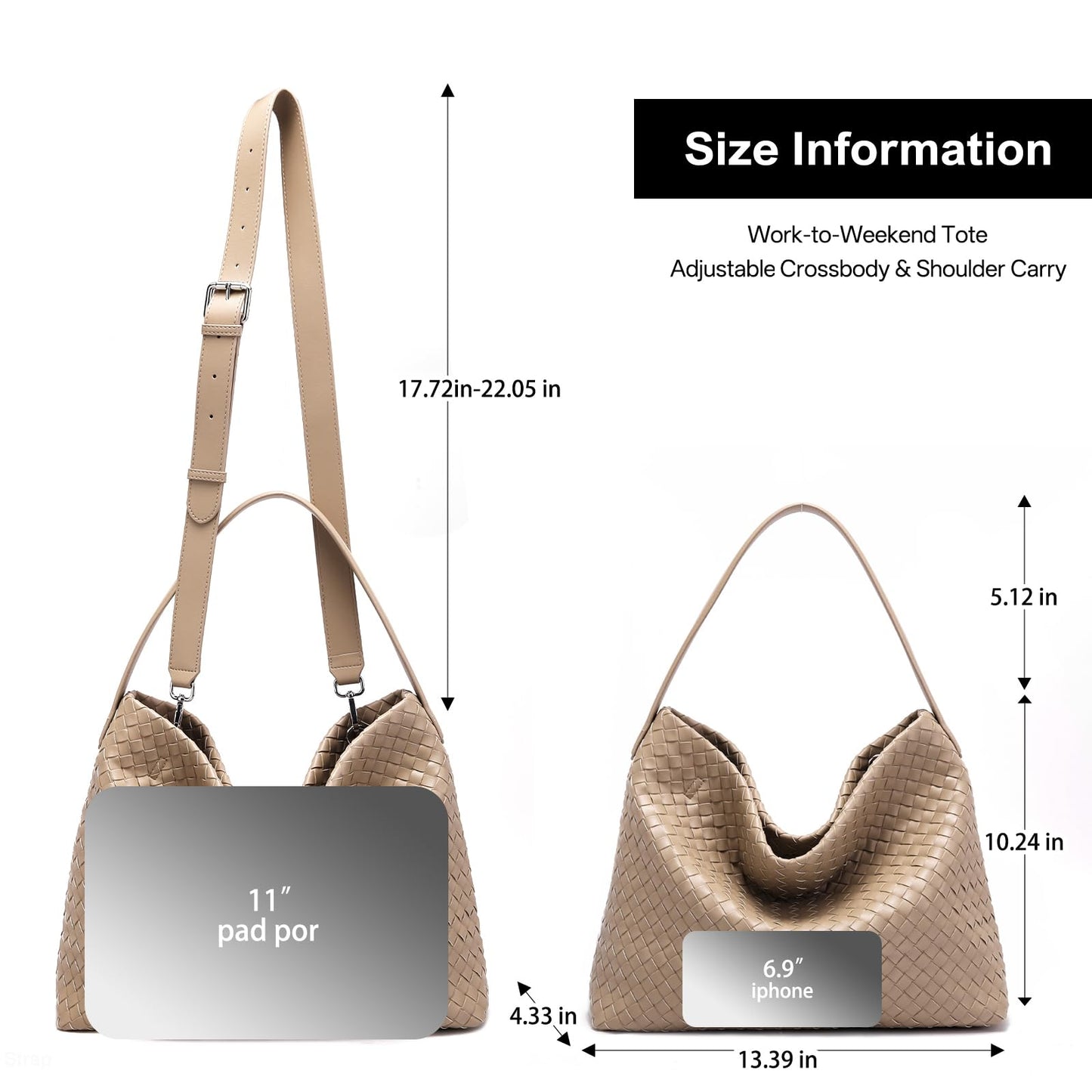 Woven Tote Womens Shoulder Handbags: Vegan Leather Crossbody Bag - Elegant Satchel Purse for Travel - Daily Bucket Bags (Khaki)