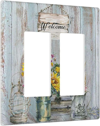 Sunflower Vintage Barn Wooden Double Rocker Light Switch Cover Sun floral 2 Gang Outlet Wall Plate Decorative GFCI Switchplate Electrical Faceplate Farmhouse Home Livingroom Decor