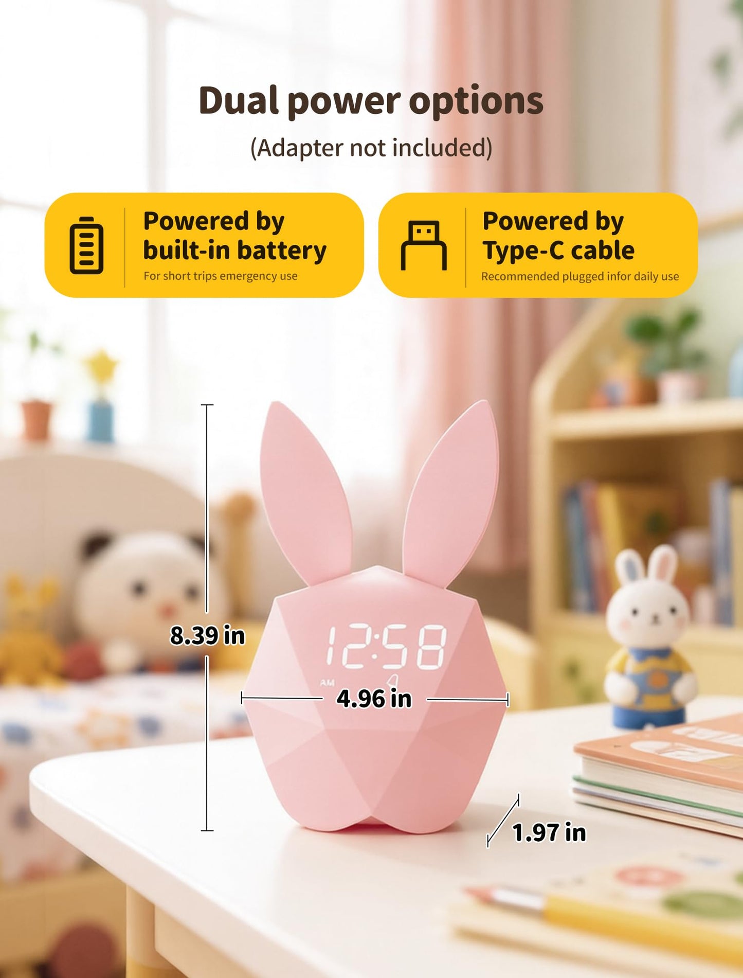MASHI Bunny Kids Alarm Clock for Girls, Pink Alarm Clock with Night Light & Snooze, Sound Activated Digital Clock, 5 Ringtones & Adjustable Volume,Gift Ideas for Kids Girls Teens Room Decor (Pink)