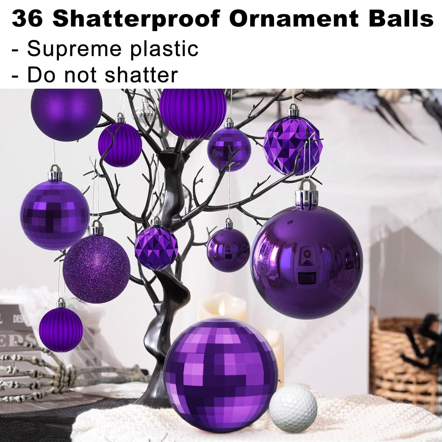 Purple Christmas Ornaments - Christmas Tree Decorations Shatterproof Hanging Balls for Birthday Wedding Holiday Decor Set of 36pcs, Multi-Sizes(1.6",2.5",3.2")