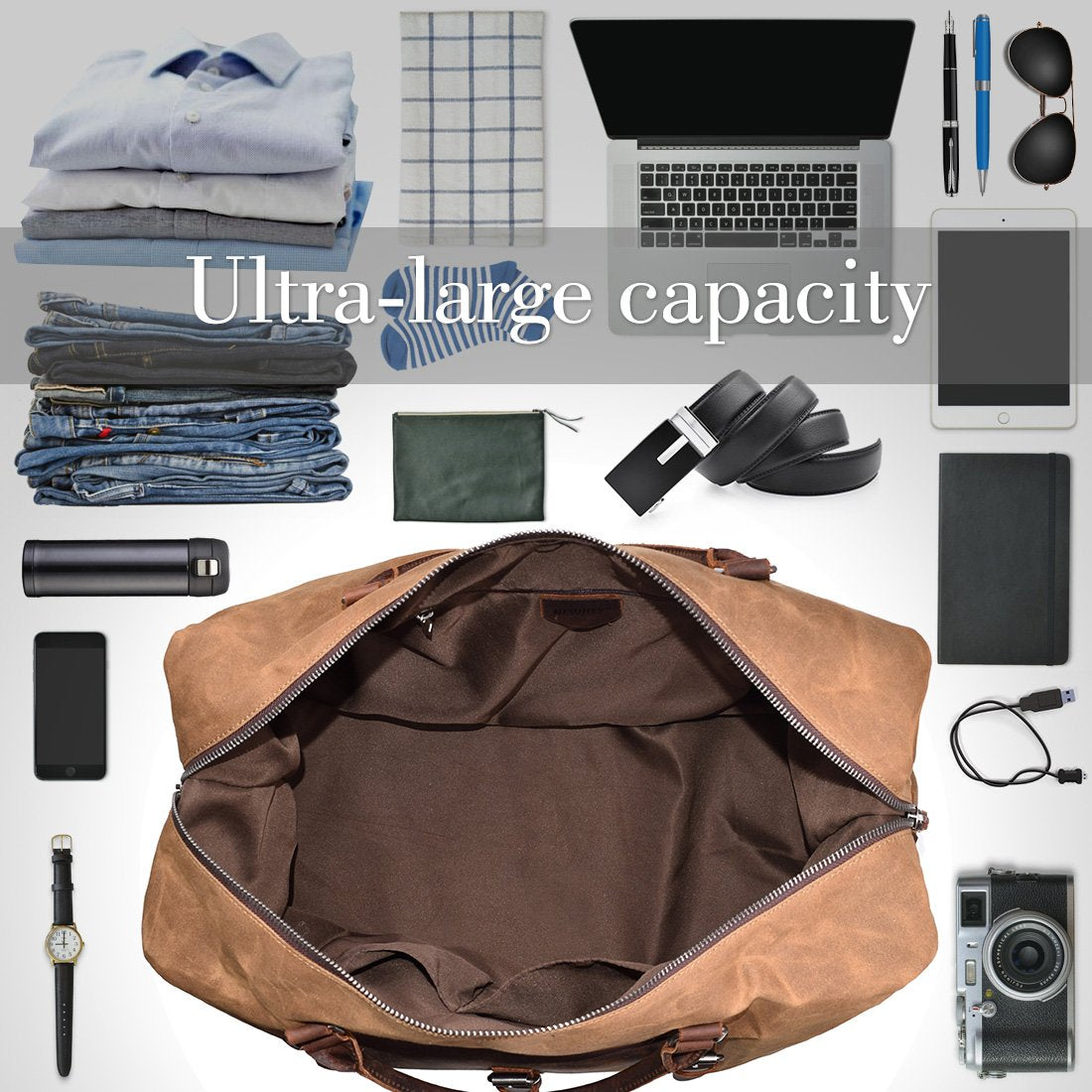 NEWHEY 55L Travel Duffel Bag, Waterproof Waxed Canvas & Leather Weekender Bag for Men, Large Carry-on Overnight Bag for 4-5 Day Business Trips & Weekend Getaways, Brown