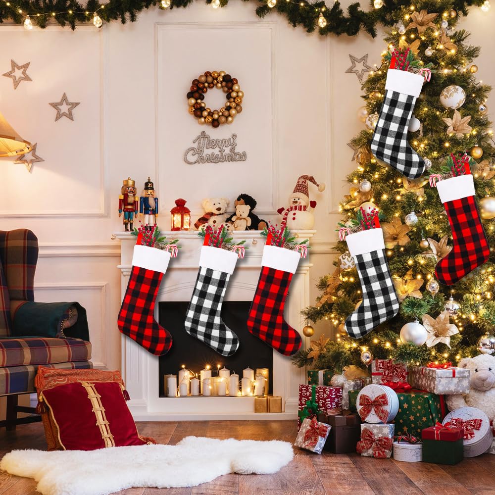 YUJUN 6 Pack 22 Inches Christmas Stockings, Xmas Large Black Red Buffalo Plaid Hanging Stockings Decorations for Christmas Tree Fireplace Family Holiday Party Decor (Red&White)