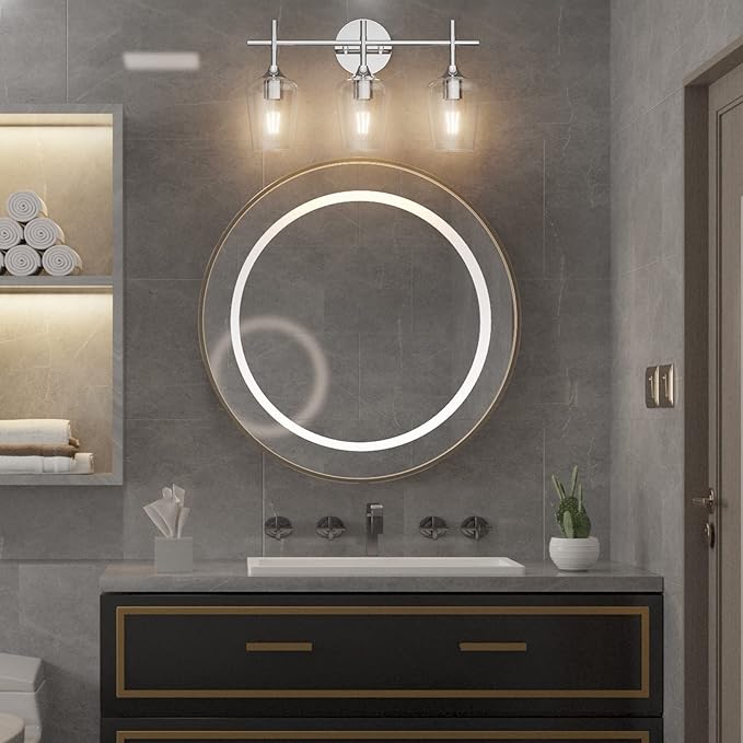 Ralbay Vintage 3 Light Vanity Light Fixture Industrial Chrome Bathroom Light Fixtures Over Mirror Clear Glass Chrome Vanity Light for Bathroom Wall Lighting Fixtures Over Mirror