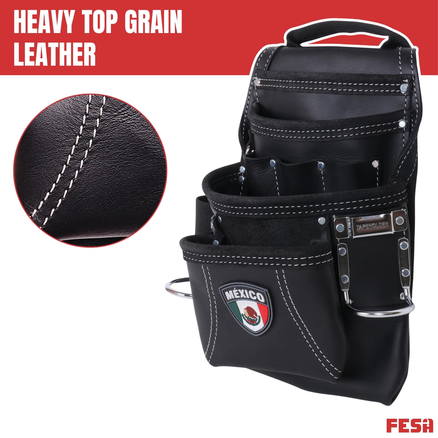 FESA Leather Carpenter Tool Pouch - 10-Pocket Heavy Top Grain Leather Carpenter Pouch with 2 Hammer Loops, Large & Small Pockets - Fits Work Belts up to 3" - Handcrafted (Black, Mexico)
