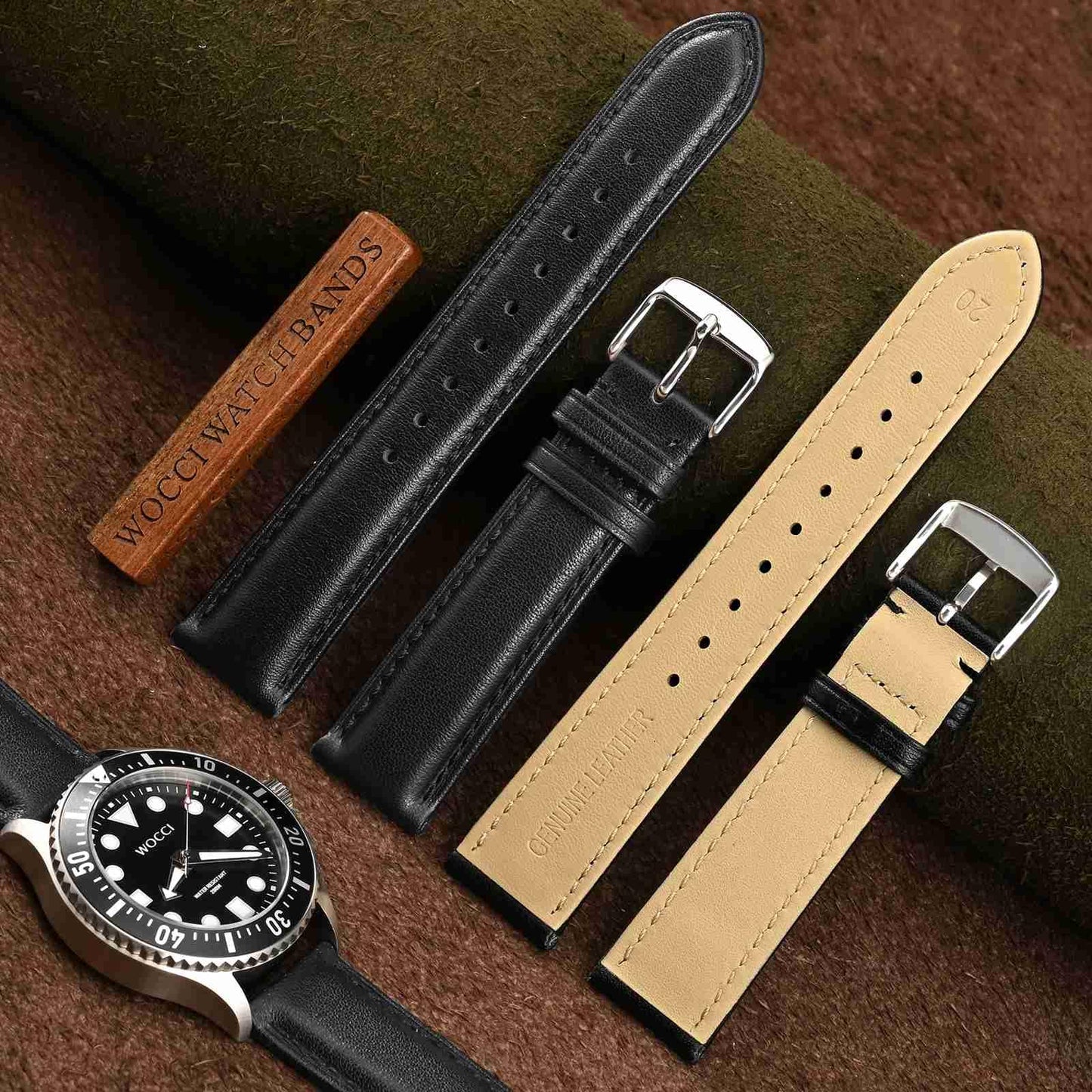 WOCCI 22mm Vintage Leather Watch Band for Men and Women, Silver Buckle (Black)