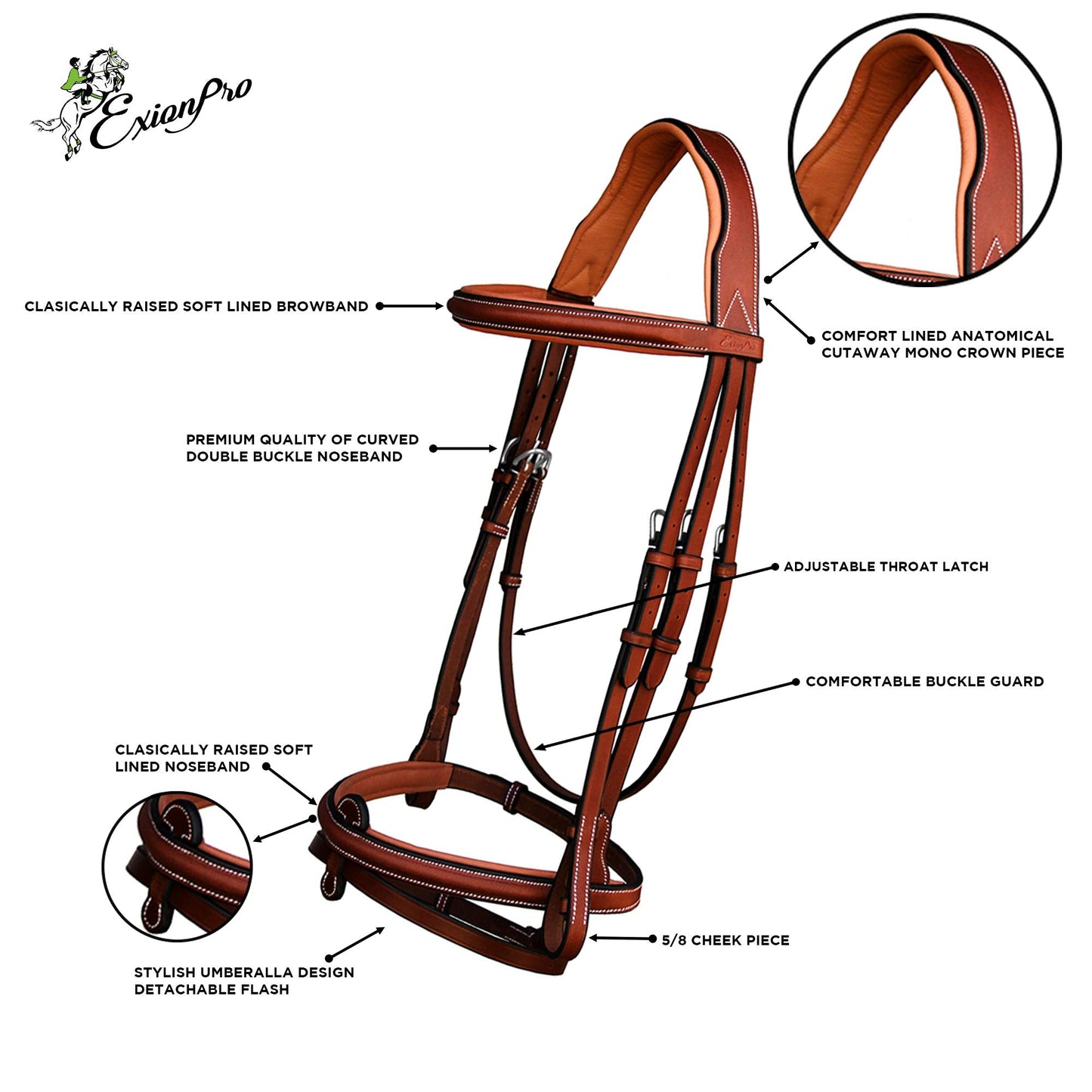 ExionPro English Hunter Jumping Bridle for Horses with Removable Flash Soft Yet Strong Rubber Reins | Royal Hunter Bridle | English Bridle for Horses (Oak Brown, Cob)