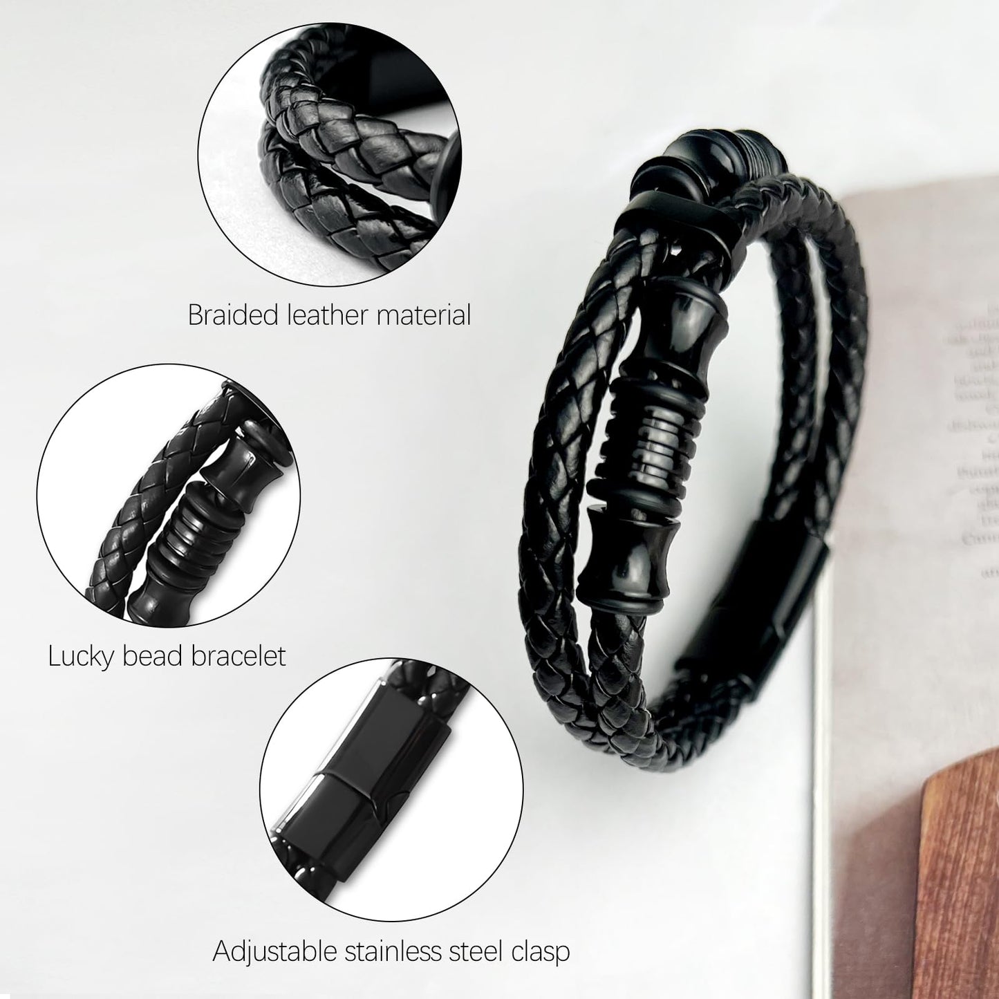 Tienyuu Men’s Double-Row Braided Leather Bracelet with Stainless Steel Ornaments – Black Leather Wristband Bangle