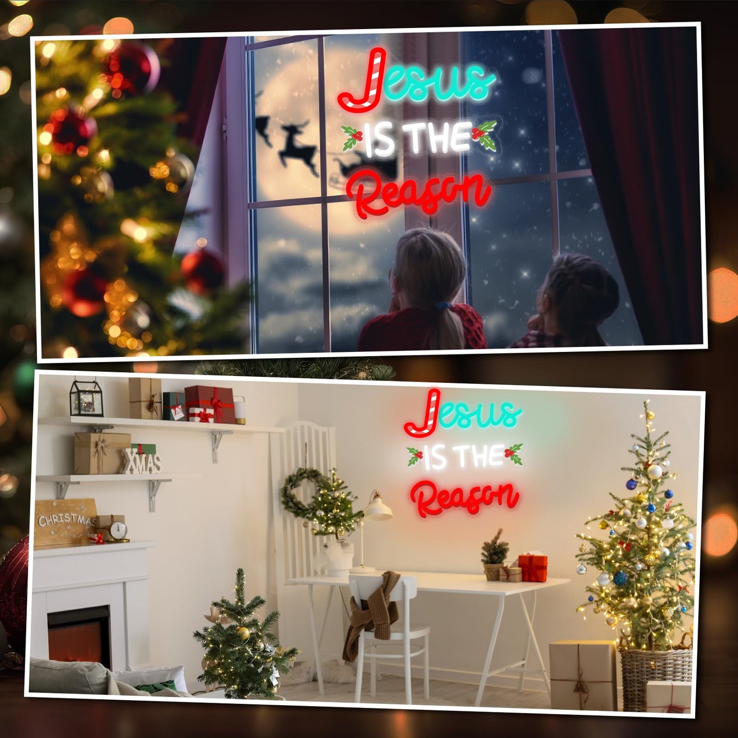 Huquary Jesus Is the Reason Neon Sign Christmas LED Sign Lighted Wall Art Decoration Neon Light USB Powered for Ceremony Party Bar Home Birthday Bible Church Decor Gift(Stylish)