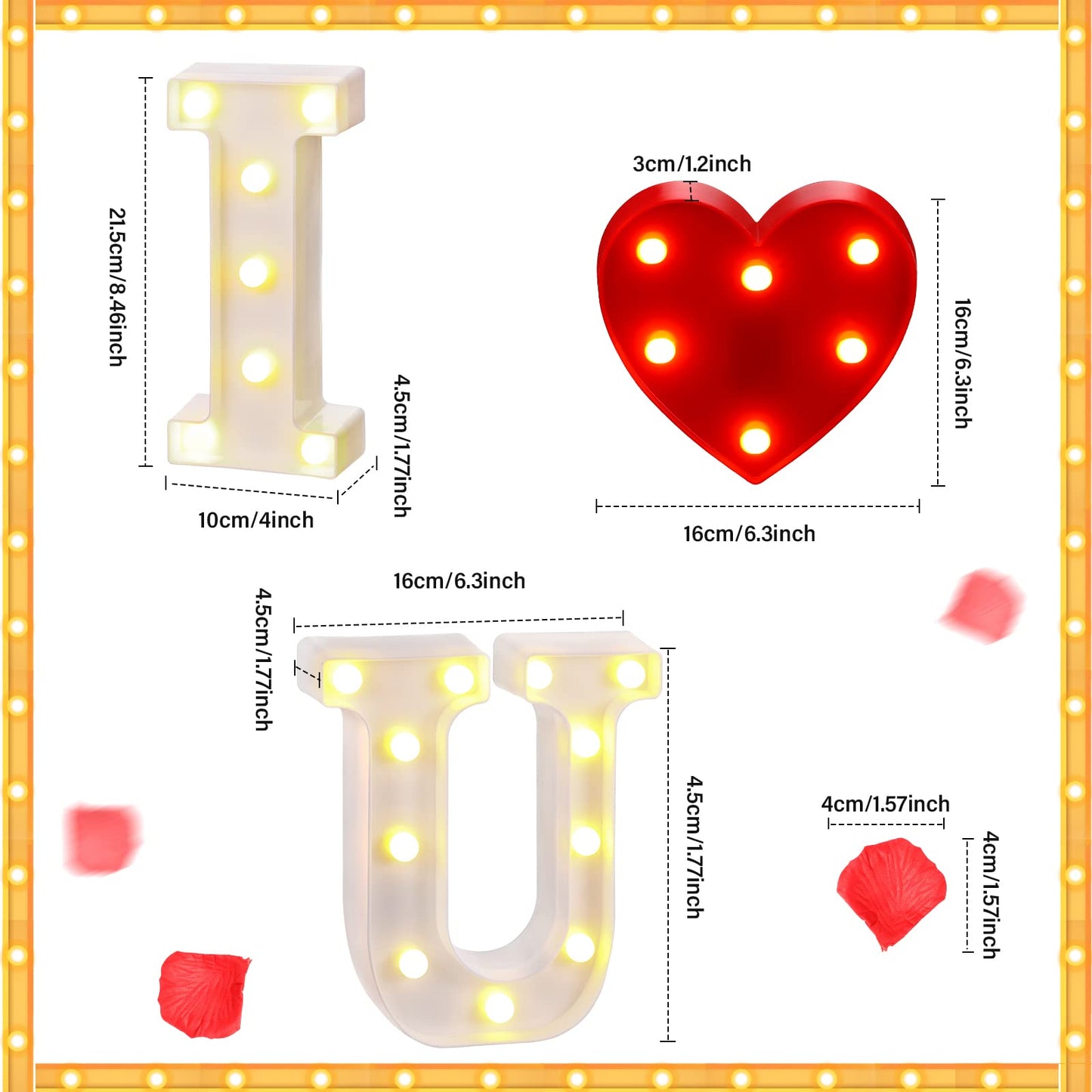 Valentine Love Sign LED Alphabet I Love You Light with Heart Marquee and 500 Pieces Plastic Rose Petals Battery Operated Letters Sign Gift for Valentines Proposal Home Table Decor
