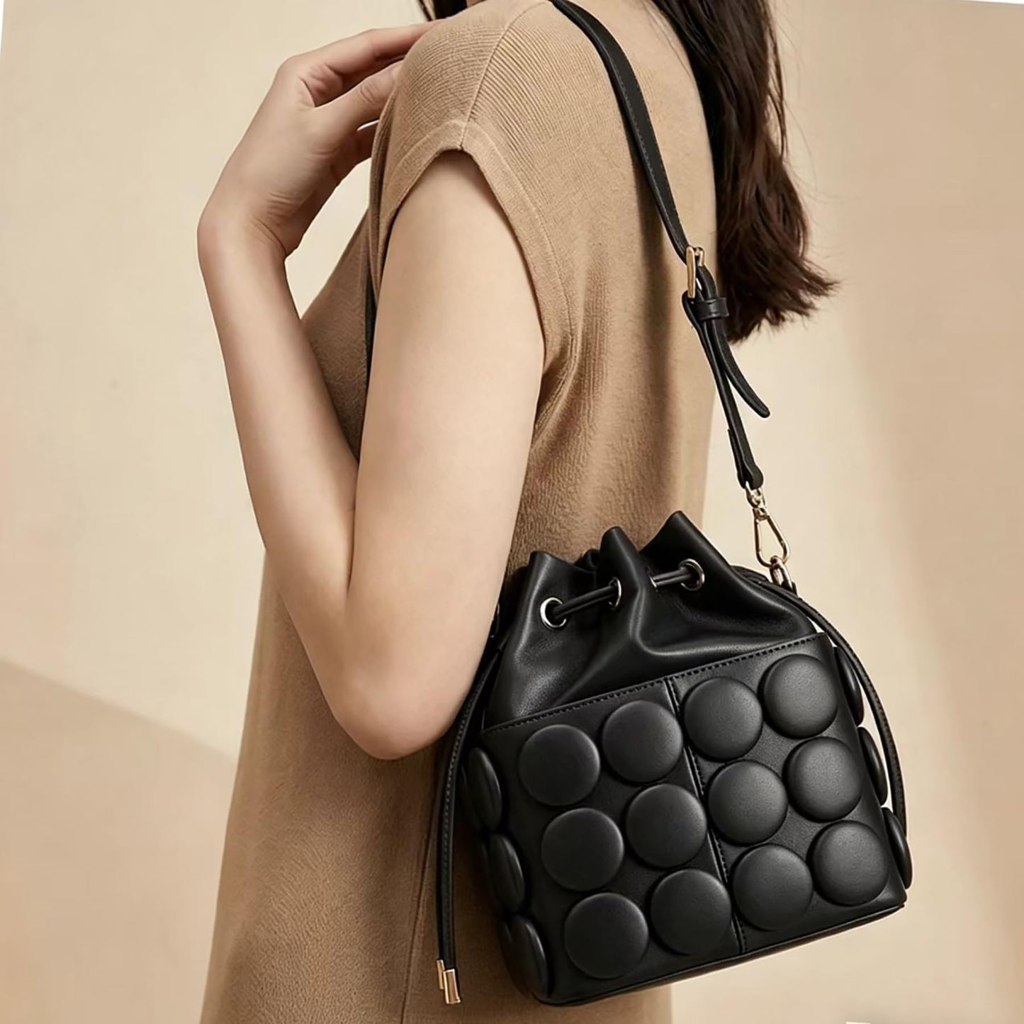 ZGRJSZDD Women's PU Leather Drawstring Top Handle Bucket Bag Purse with Solid Dot Patterns, Crossbody Shoulder Handbag, 9086 Black