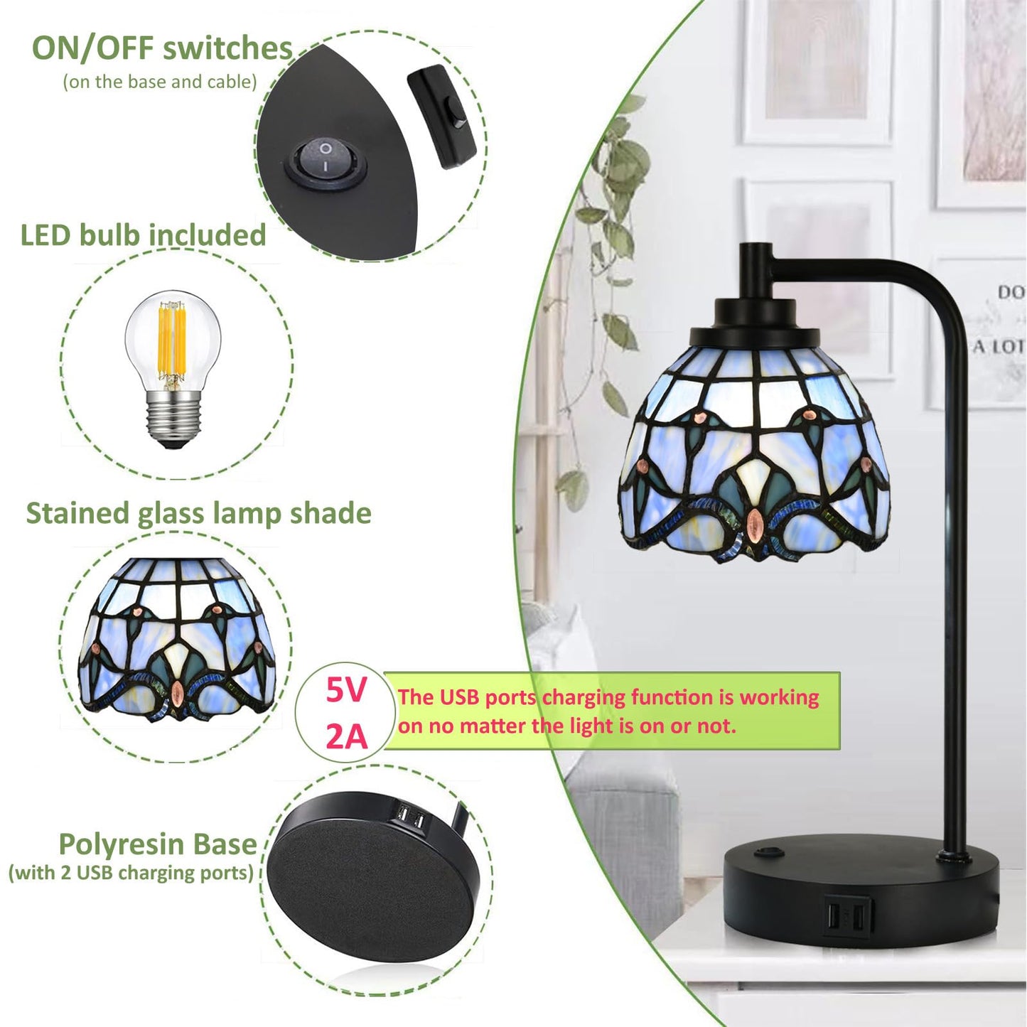 HomeBeauty TL0016 Tiffany Style Stained Glass Table Lamp with USB Charging Ports, Desk Lamp with Blue Baroque Lamp Shade, Retro Nightstand H 14.5" for Bedroom Office, LED Bulb Included (Blue)