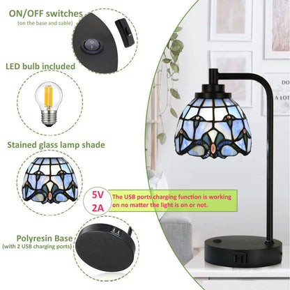 HomeBeauty TL0016 Tiffany Style Stained Glass Table Lamp with USB Charging Ports, Desk Lamp with Blue Baroque Lamp Shade, Retro Nightstand H 14.5" for Bedroom Office, LED Bulb Included (Blue)